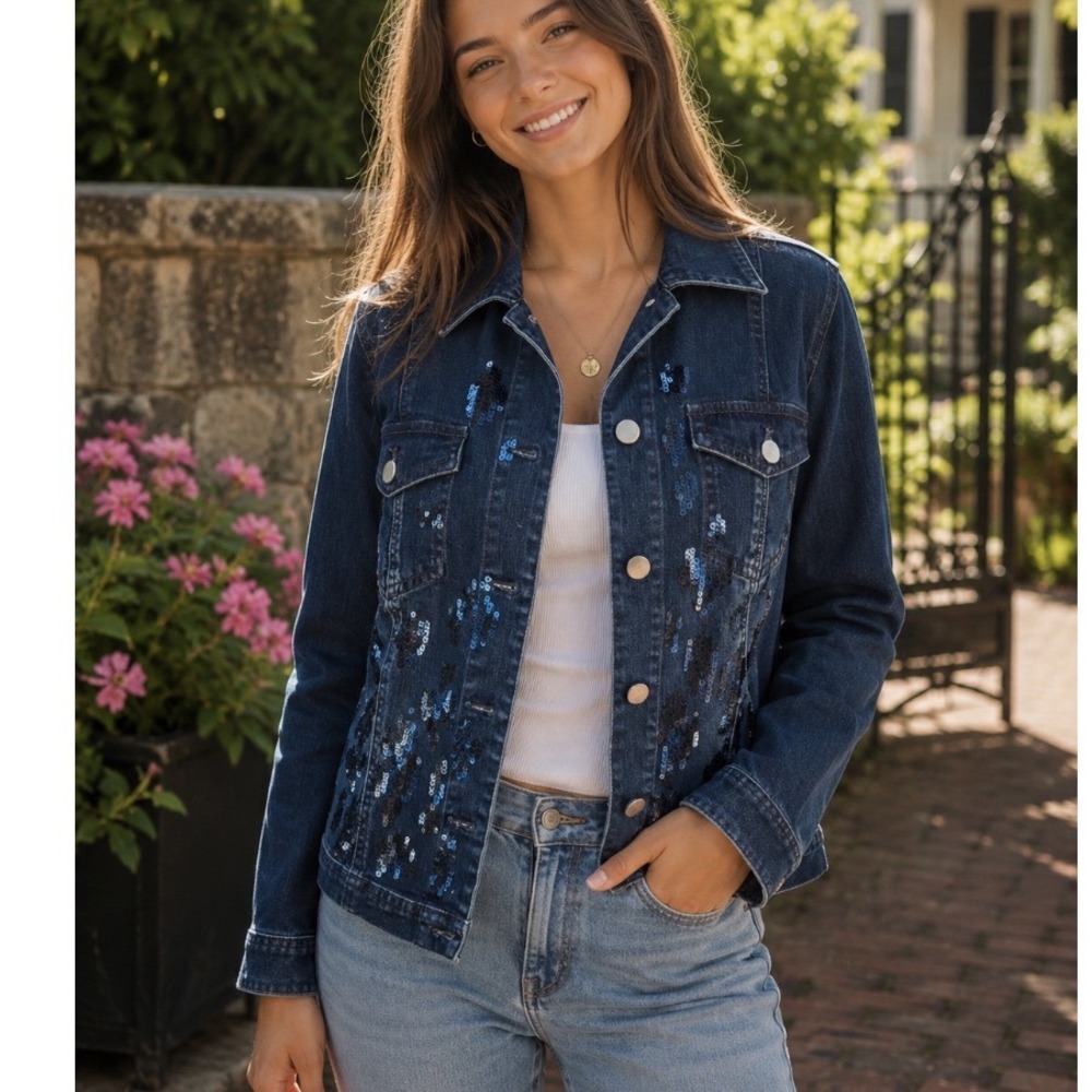 Chico's platinum Sequin Embellished Denim Trucker Jacket‎ Blue Jean Coat Sz 1